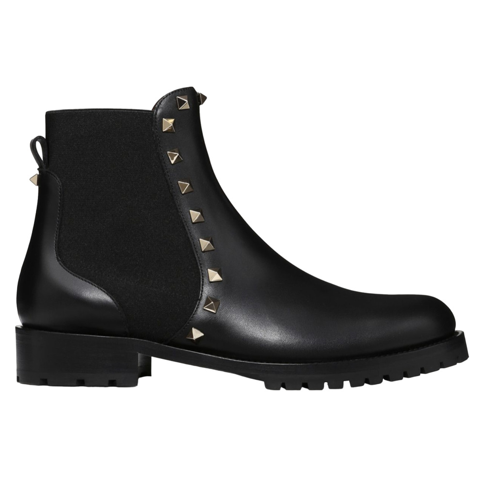 Valentino Rockstud Chelsea 20mm Black Leather Stud Heel Short Ankle Flat Boot 37